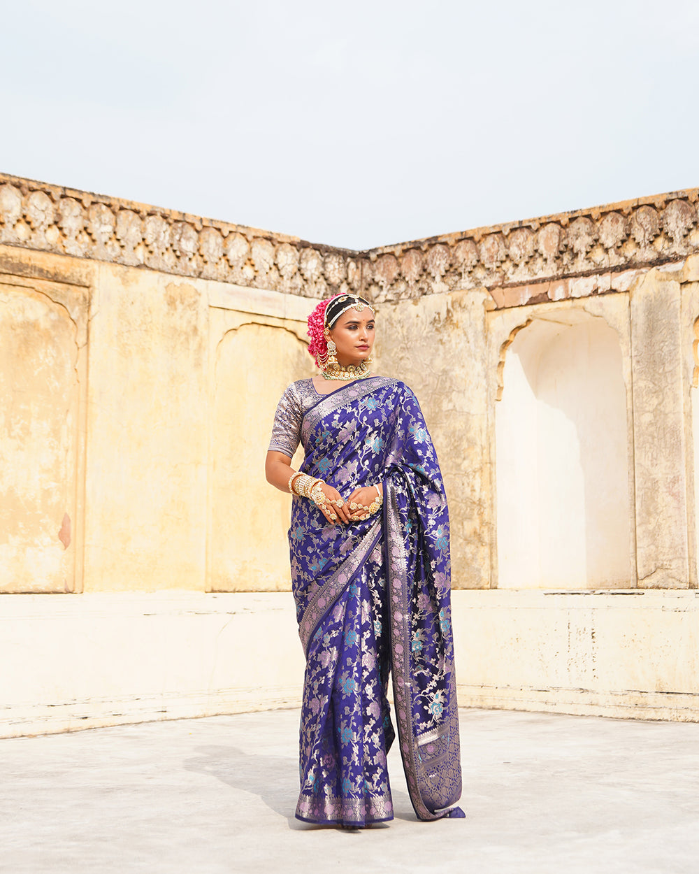 Navy Blue Pure Banarasi Saree with Multihued Meenakari Zari Weaves