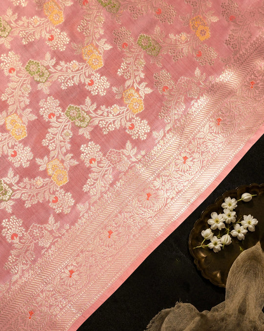 Peach Pink Pure Banarasi Saree with Multi-color Meenakari Floral Weaves
