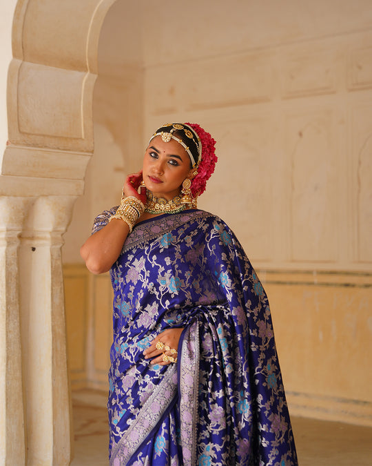 Navy Blue Pure Banarasi Saree with Multihued Meenakari Zari Weaves