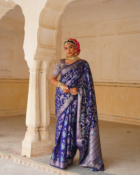 Navy Blue Pure Banarasi Saree with Multihued Meenakari Zari Weaves