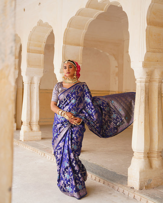 Navy Blue Pure Banarasi Saree with Multihued Meenakari Zari Weaves