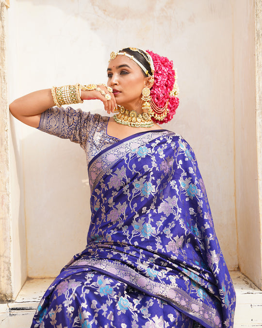 Navy Blue Pure Banarasi Saree with Multihued Meenakari Zari Weaves