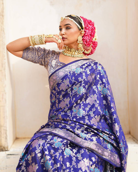 Navy Blue Pure Banarasi Saree with Multihued Meenakari Zari Weaves