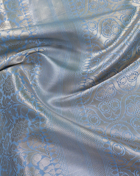 Misty Blue Pure Banarasi Saree Floral Jaal Weaves