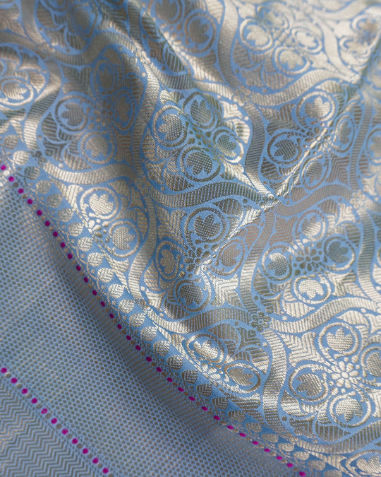 Misty Blue Pure Banarasi Saree Floral Jaal Weaves