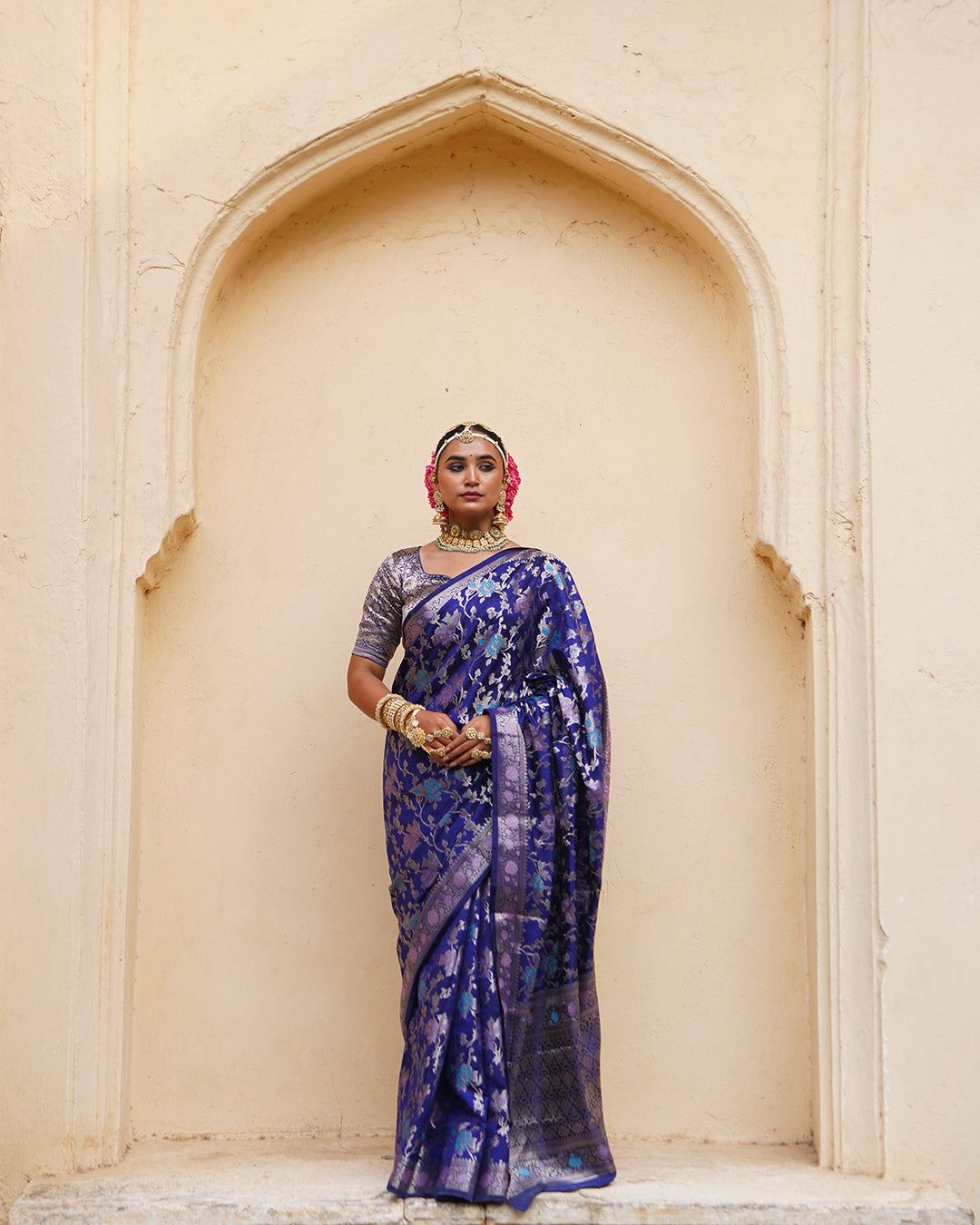 Navy Blue Pure Banarasi Saree with Multihued Meenakari Zari Weaves