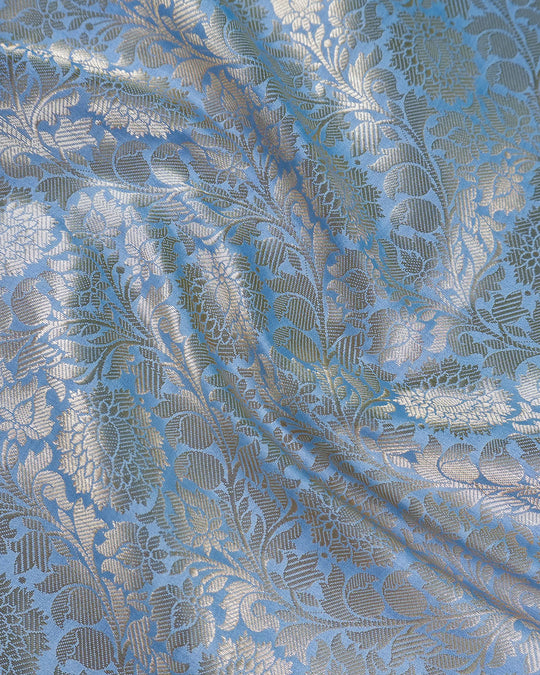 Misty Blue Pure Banarasi Saree Floral Jaal Weaves