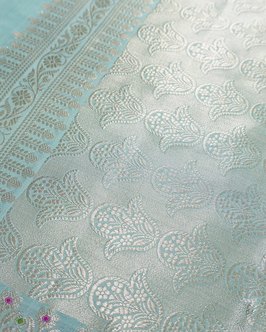 Pale Turquoise Pure Banarasi Saree with Butidar Motifs and Meenakari Border