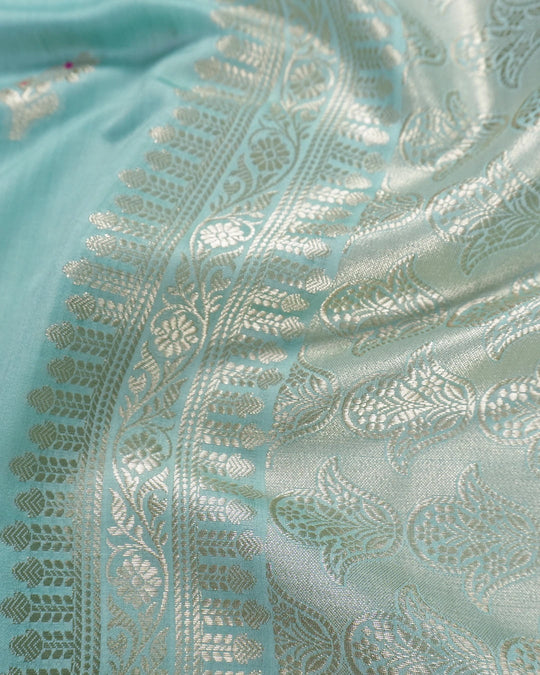 Pale Turquoise Pure Banarasi Saree with Butidar Motifs and Meenakari Border
