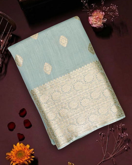 Aqua Green Pure Banarasi Saree with Butidar Weaves and Broad Border