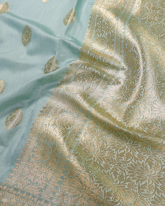 Aqua Green Pure Banarasi Saree with Butidar Weaves and Broad Border