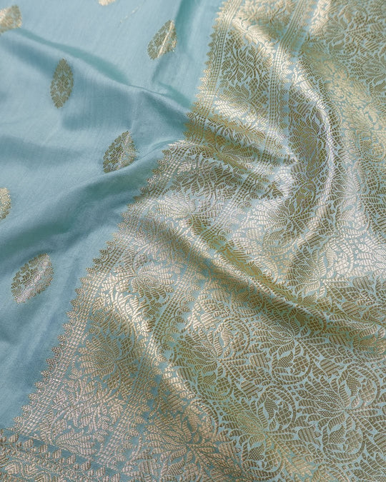 Aqua Green Pure Banarasi Saree with Butidar Weaves and Broad Border - katansi