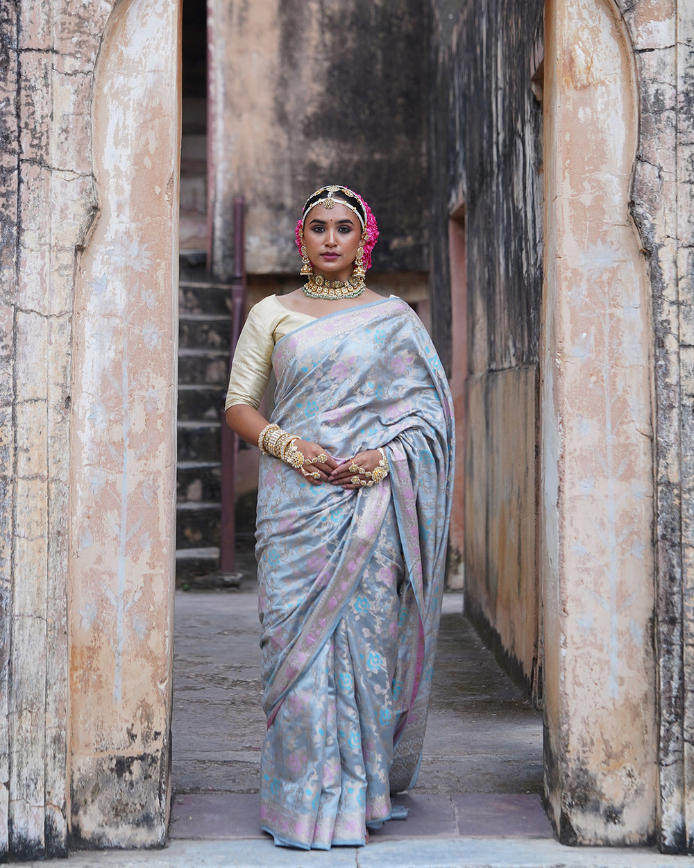 Mist Grey Pure Banarasi Saree with Pastel Floral Weaves