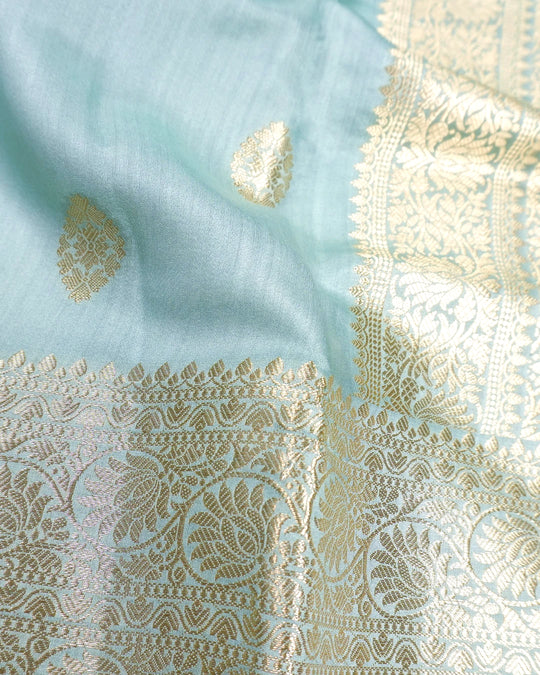 Aqua Green Pure Banarasi Saree with Butidar Weaves and Broad Border