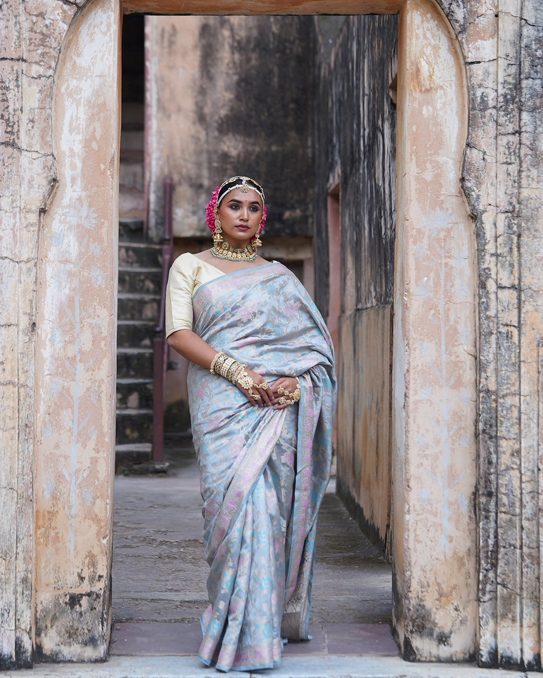 Mist Grey Pure Banarasi Saree with Pastel Floral Weaves