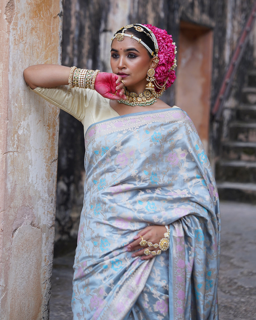 Mist Grey Pure Banarasi Saree with Pastel Floral Weaves