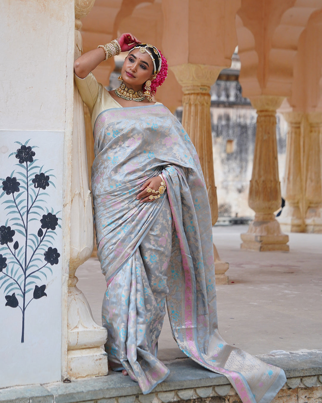 Mist Grey Pure Banarasi Saree with Pastel Floral Weaves