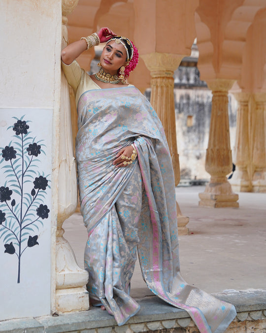 Mist Grey Pure Banarasi Saree with Pastel Floral Weaves