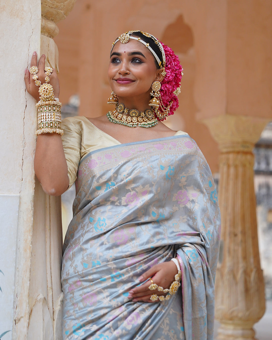 Mist Grey Pure Banarasi Saree with Pastel Floral Weaves
