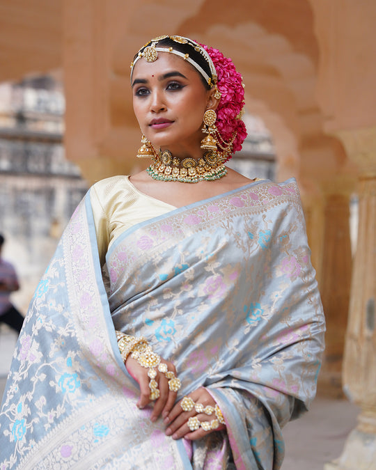Mist Grey Pure Banarasi Saree with Pastel Floral Weaves
