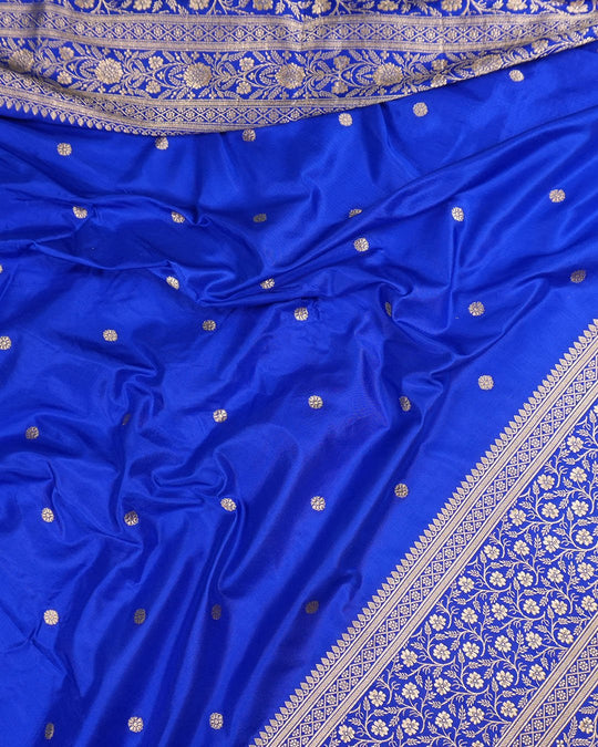 Royal Blue Pure Katan Saree with Buti Weaving and Rich Border - katansi