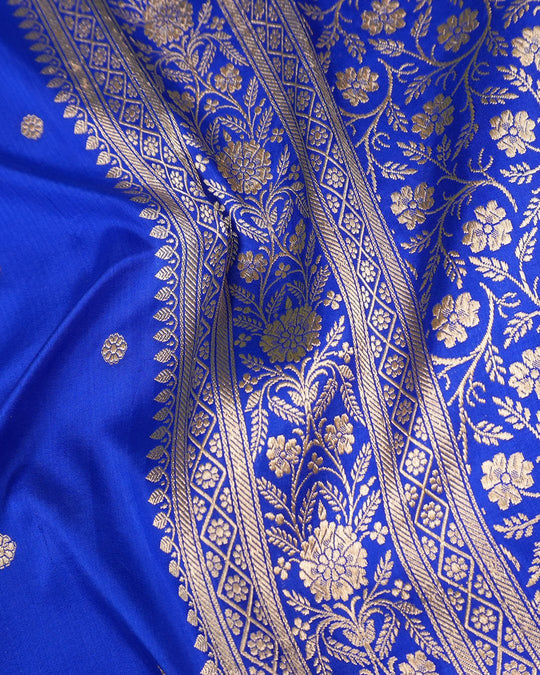 Royal Blue Pure Katan Saree with Buti Weaving and Rich Border - katansi