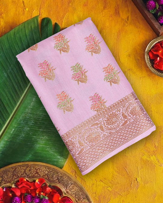 Soft Lilac Pure Muga Saree with Meenakari Antique Zari Weaves