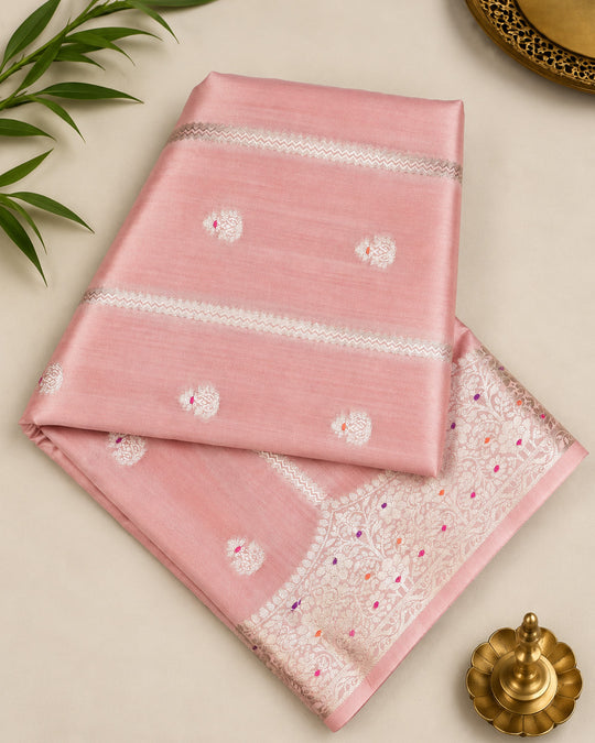 Blush Peach Pure Banarasi Saree with Leheriya Weaving and Meenakari Border