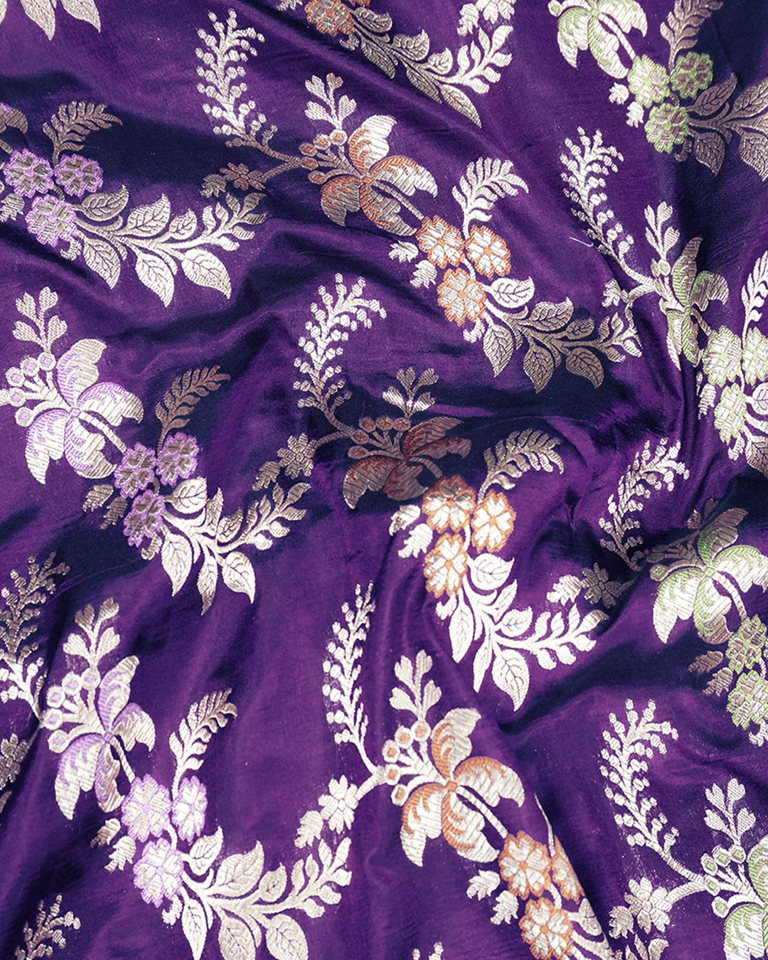Purple Pure Katan Saree with Detailed Floral Meenakari Weave
