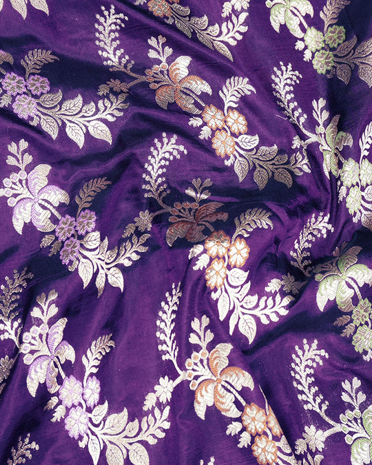 Purple Pure Katan Saree with Detailed Floral Meenakari Weave