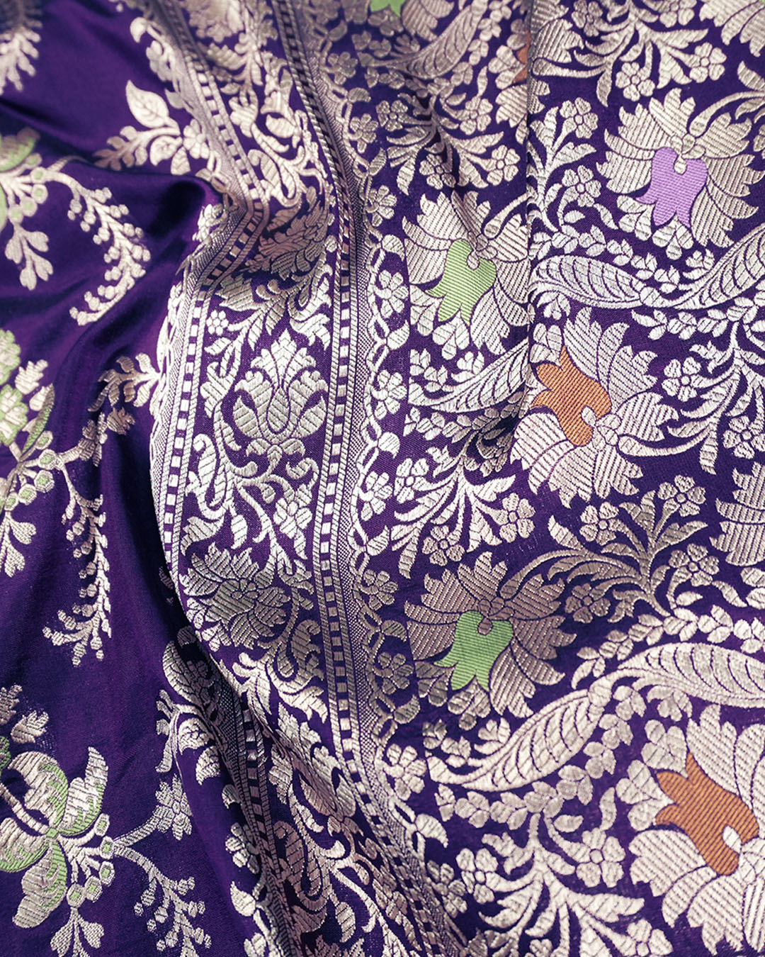 Purple Pure Katan Saree with Detailed Floral Meenakari Weave
