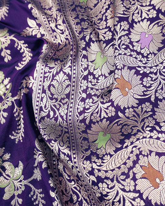 Purple Pure Katan Saree with Detailed Floral Meenakari Weave
