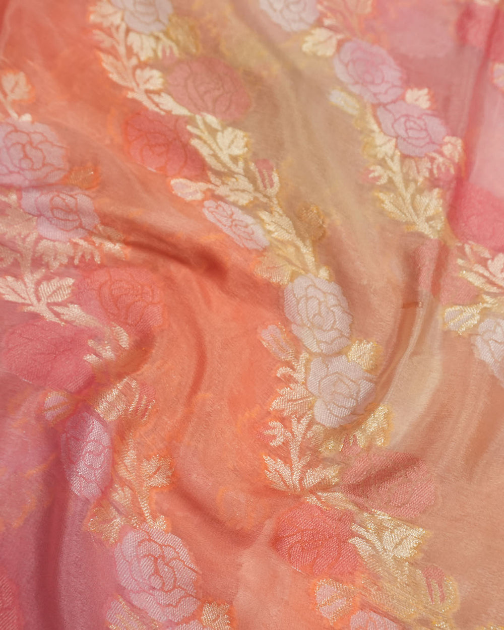 Coral Peach Pure Chiffon Saree with Intricate Floral Meenakari Weaves