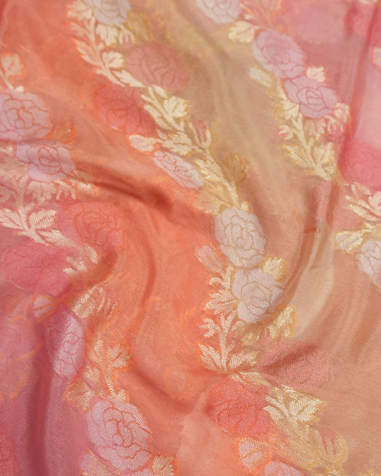 Coral Peach Pure Chiffon Saree with Intricate Floral Meenakari Weaves