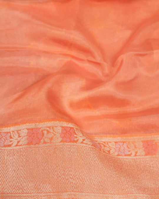 Coral Peach Pure Chiffon Saree with Intricate Floral Meenakari Weaves