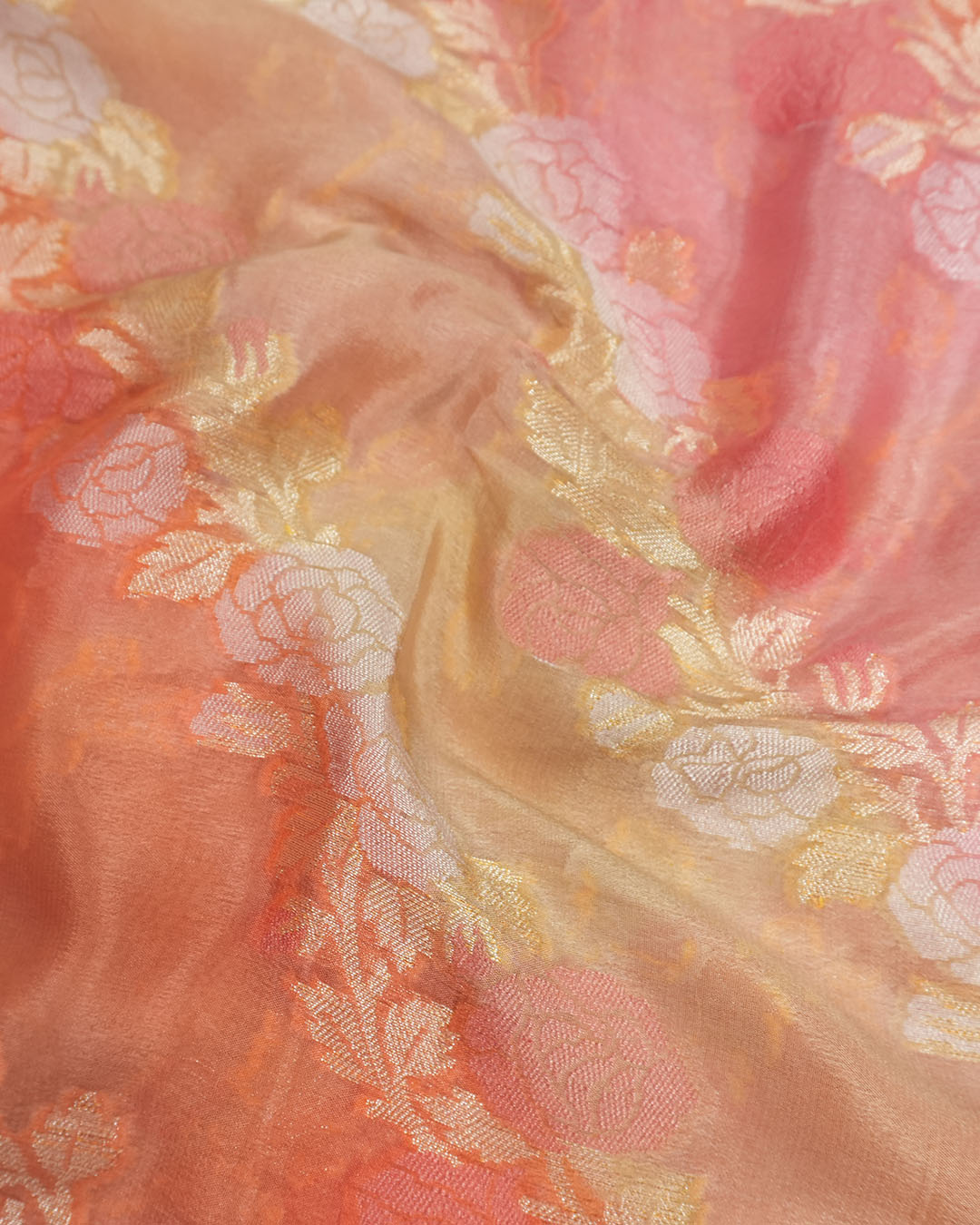 Coral Peach Pure Chiffon Saree with Intricate Floral Meenakari Weaves