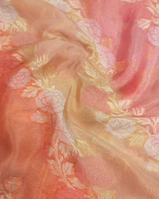 Coral Peach Pure Chiffon Saree with Intricate Floral Meenakari Weaves