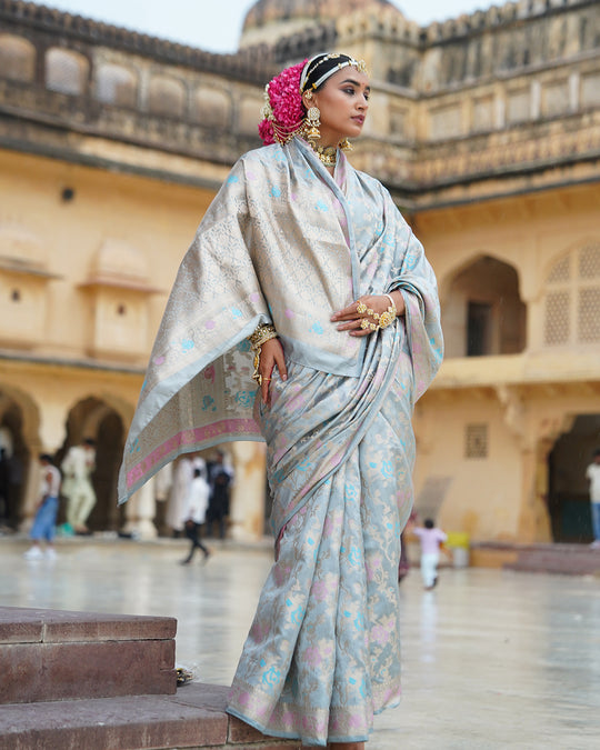 Mist Grey Pure Banarasi Saree with Pastel Floral Weaves