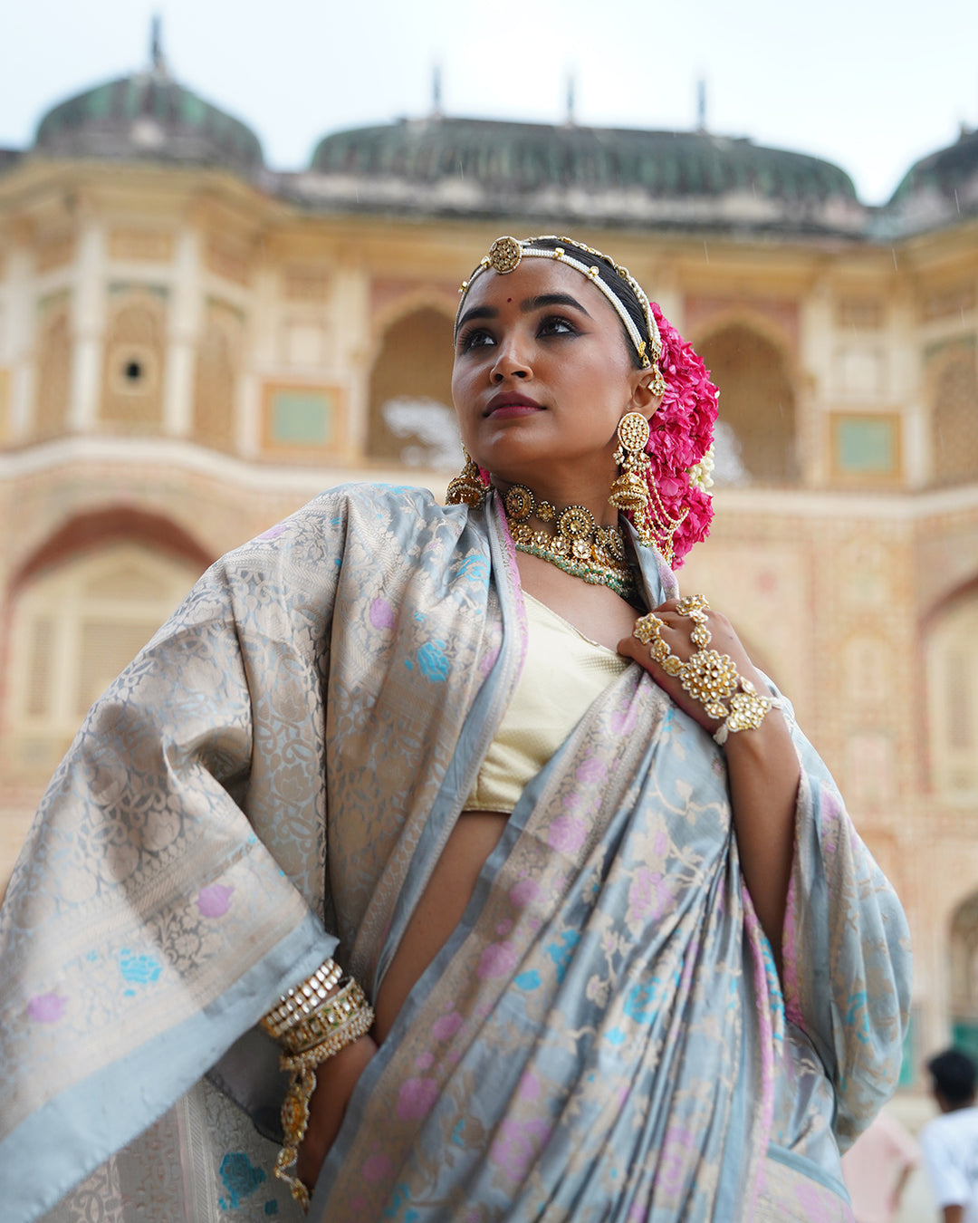 Mist Grey Pure Banarasi Saree with Pastel Floral Weaves