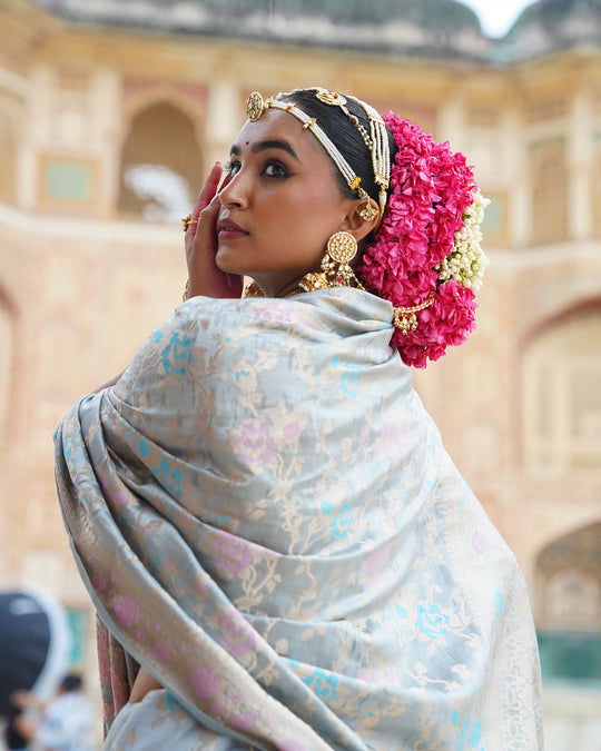 Mist Grey Pure Banarasi Saree with Pastel Floral Weaves