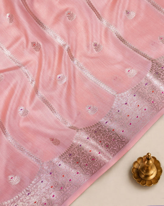 Blush Peach Pure Banarasi Saree with Leheriya Weaving and Meenakari Border