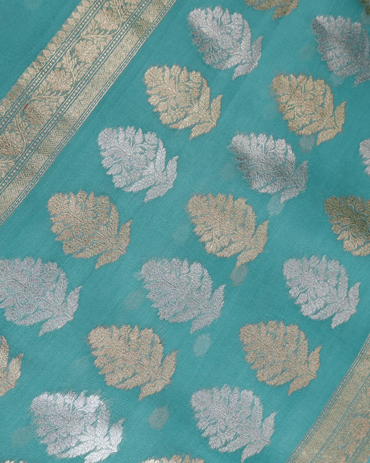 Teal Green Pure Tissue Saree with Classic Gold & Silver Buta Weaves - katansi