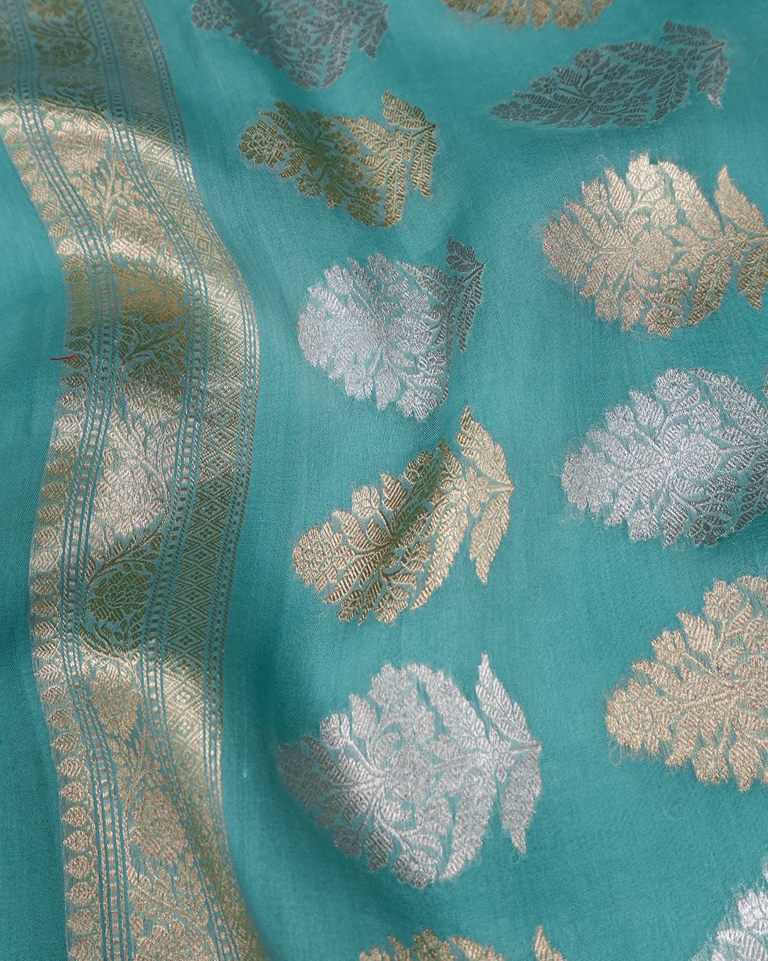 Teal Green Pure Tissue Saree with Classic Gold & Silver Buta Weaves - katansi