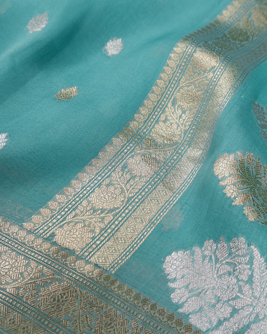 Teal Green Pure Tissue Saree with Classic Gold & Silver Buta Weaves - katansi
