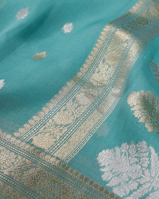 Teal Green Pure Tissue Saree with Classic Gold & Silver Buta Weaves - katansi
