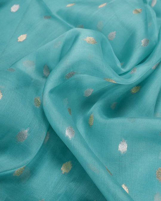Teal Green Pure Tissue Saree with Classic Gold & Silver Buta Weaves - katansi