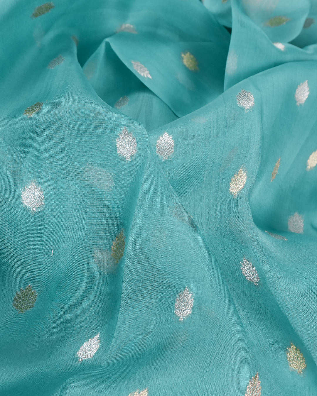 Teal Green Pure Tissue Saree with Classic Gold & Silver Buta Weaves - katansi