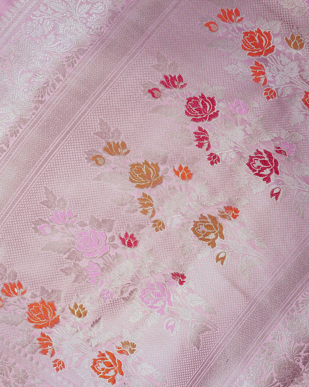 Mauve Pink Pure Banarasi Saree with Multi - color Floral Meenakari Accents - katansi
