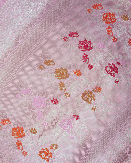 Mauve Pink Pure Banarasi Saree with Multi - color Floral Meenakari Accents - katansi