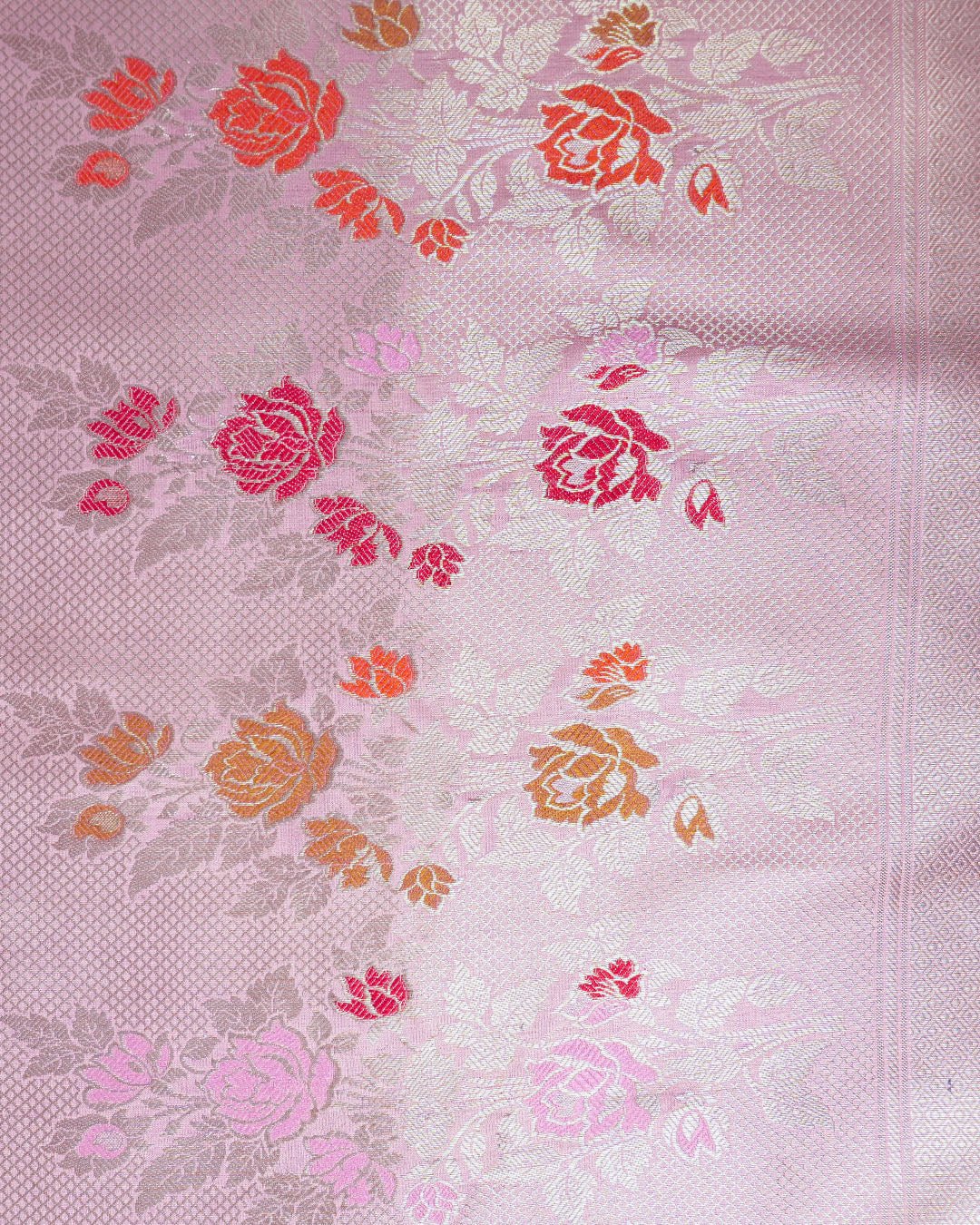 Mauve Pink Pure Banarasi Saree with Multi - color Floral Meenakari Accents - katansi